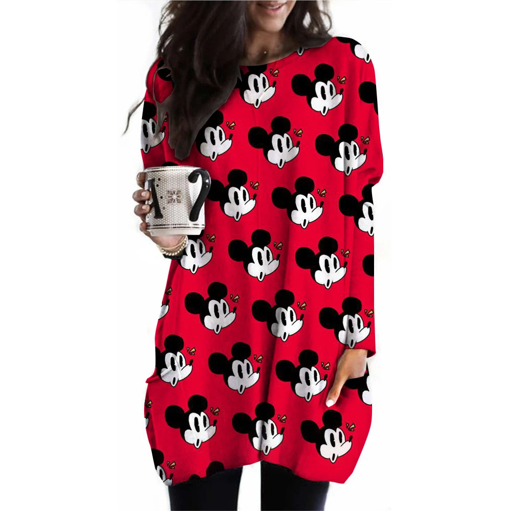 Women's T-shirt Disney Mickey Mouse printed long sleeved top for autumn daily loose long sleeved pocket pullover for women's com