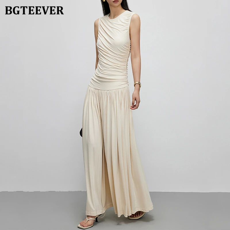 BGTEEVER Fashion O-neck Slim Waist Female Pleated Dress Casual Sleeveless Ruched Long Dress for Women Summer Ladies Vestidos