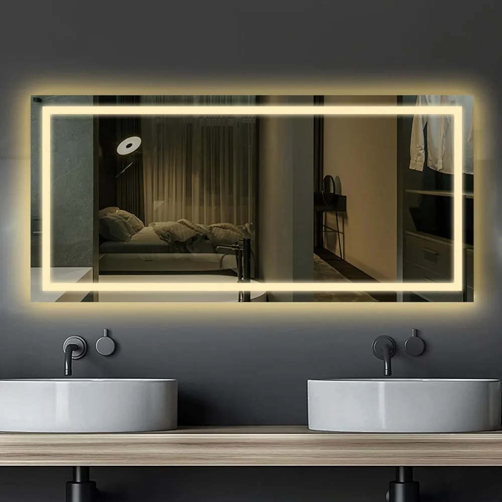 

48x24 inch LED Bathroom Mirror, Large Lighted Smart Mirrors for Bathroom Wall Mounted 3 Colors Front and Backlit Frameless