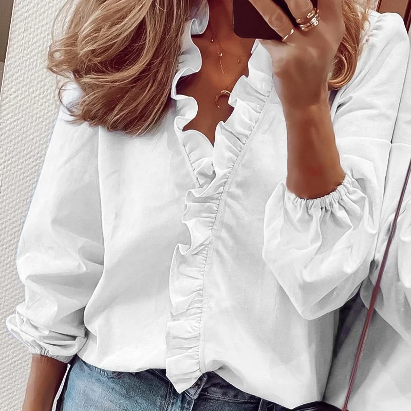 Spring Casual Ruffles Shirt Office Lady Blouses V Neck Blouse White Long Sleeve Women Top Elegant Blouses for Women 2024