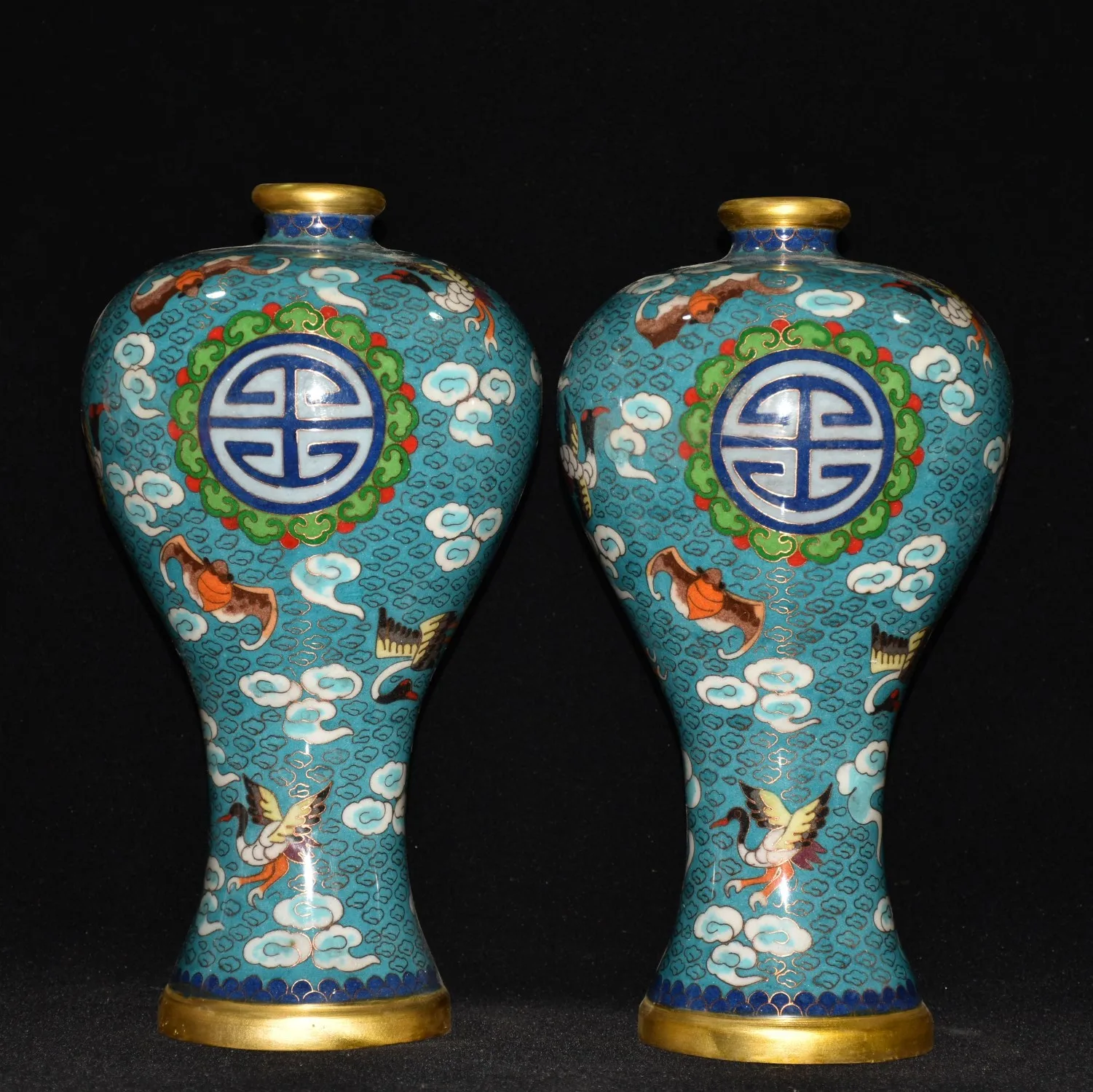 

12"Tibet Temple Collection Old Bronze Cloisonne Enamel Crane Bat Flower texture Longevity Bottle Vase A pair Office Ornaments