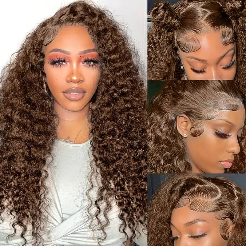 الشوكولاته براون الدانتيل الجبهة الباروكات مجعد موجة البرازيلي الملونة 34 بوصة 13x6 براون الدانتيل الباروكة الأمامية 100% خصلات الشعر المستعار الإنسان للنساء