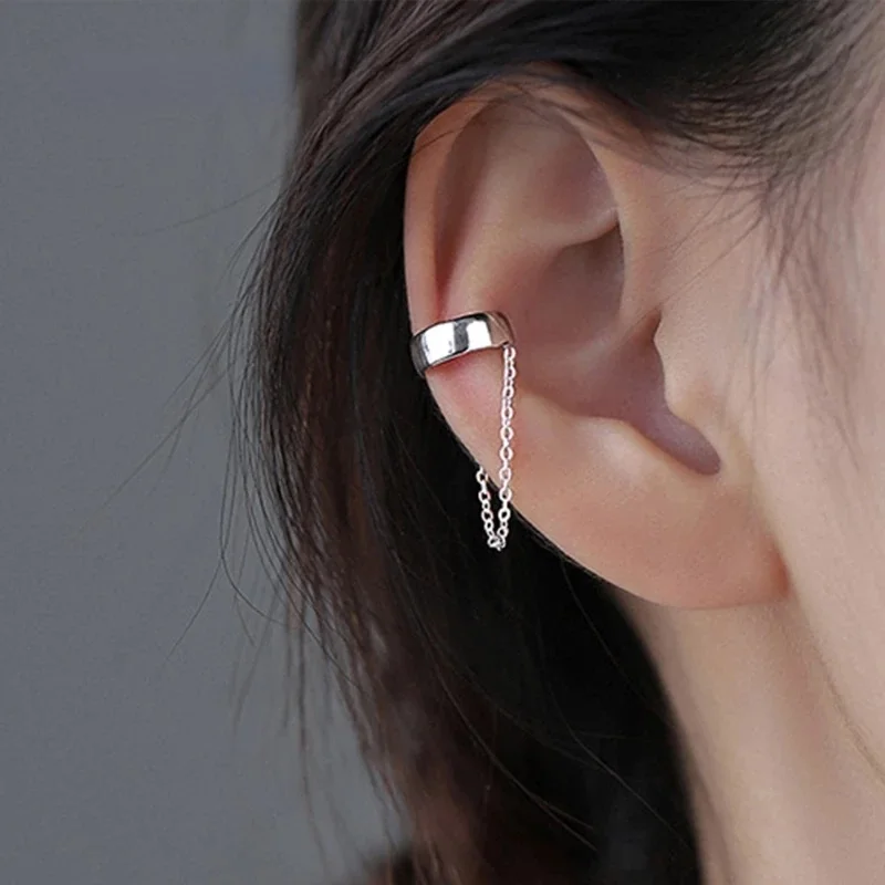 Silver Color Fake Pierced Chain Clip Earrings for Women Asymmetric Ear Cuff Cartilage Earrings 2021 Trend Jewelry Accessories