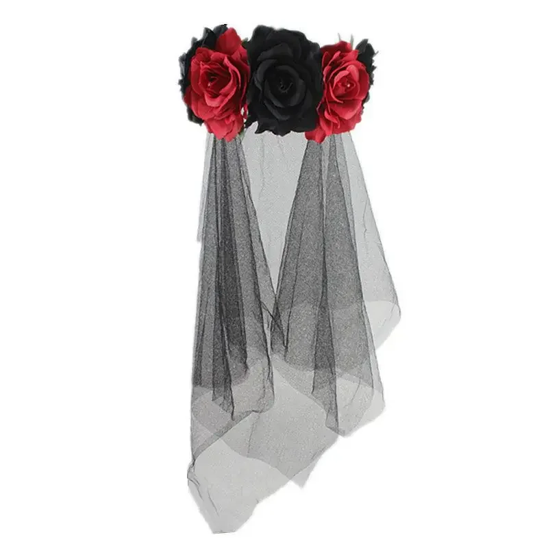 

Women Halloween Artificial Rose flower black gauze Headband Lace Veil Gothic Crown Headwear Cosplay Accessories Hair Hoop