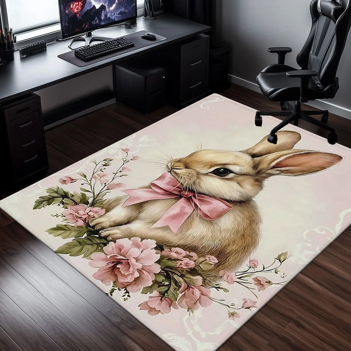 

Милый кролик с розовым бантом и цветочным кристаллом, бархатный ковер, детская спальня, декор для детской комнаты, мягкий нескользящий напольный коврик, домашний ковер с изображением животного