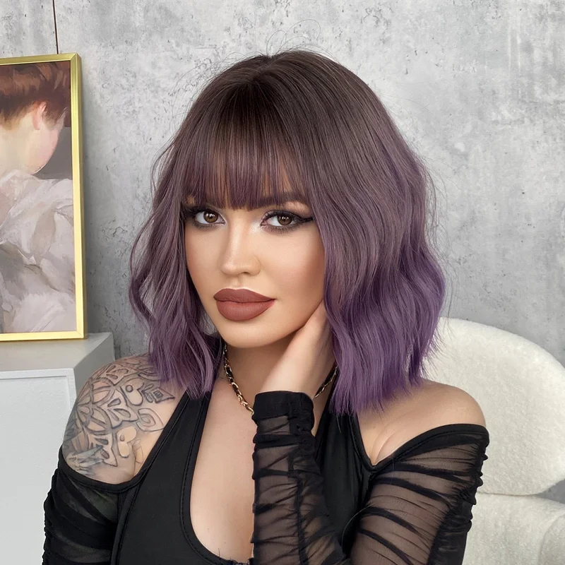 10-inch purple Bob short wavy curly wig with wave patterns