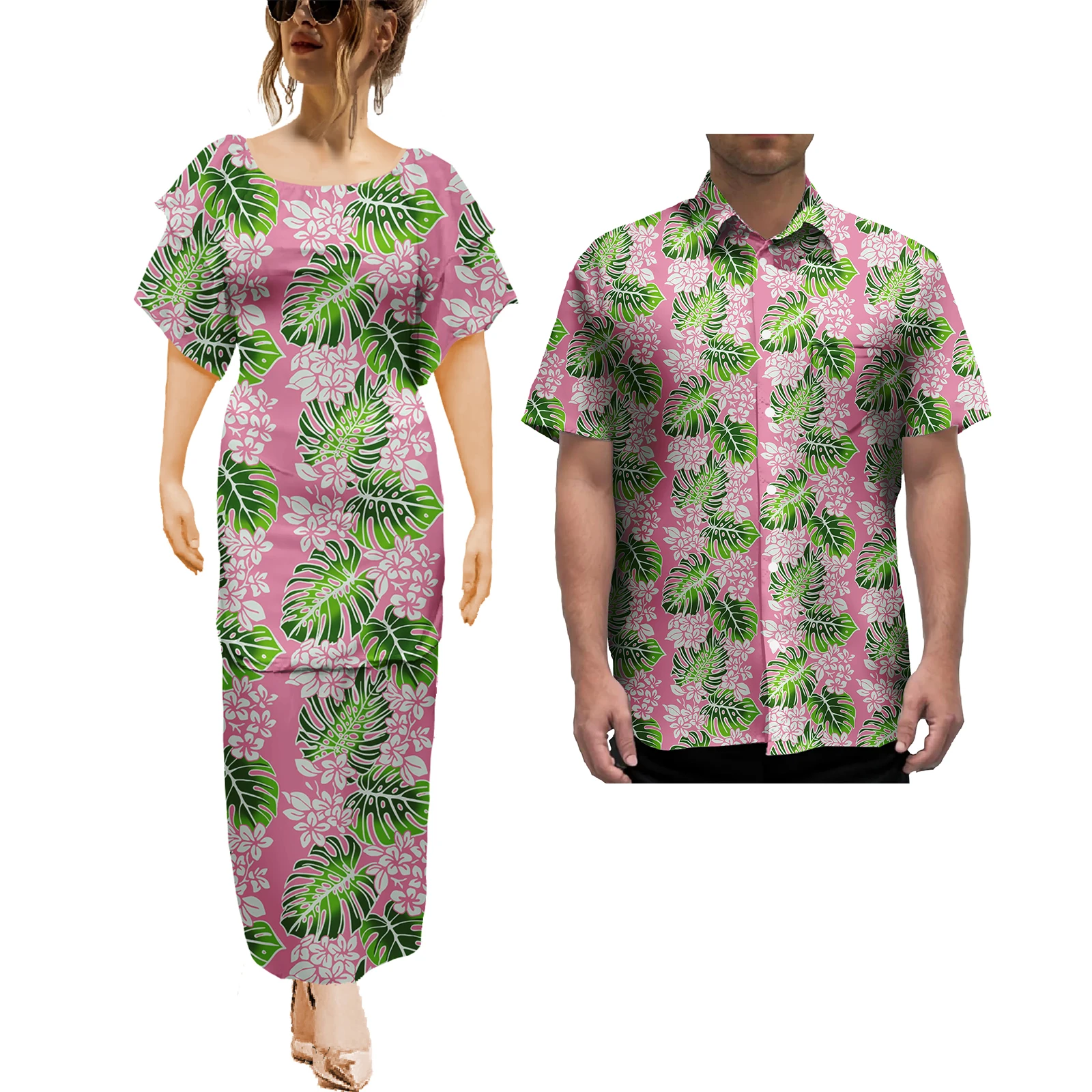 Pacific Islands Tribal Traditional Samoan Polynesian Dress Women Custom Elegant Samoa Vintage Floral Dress Couple 2 Pcs Set