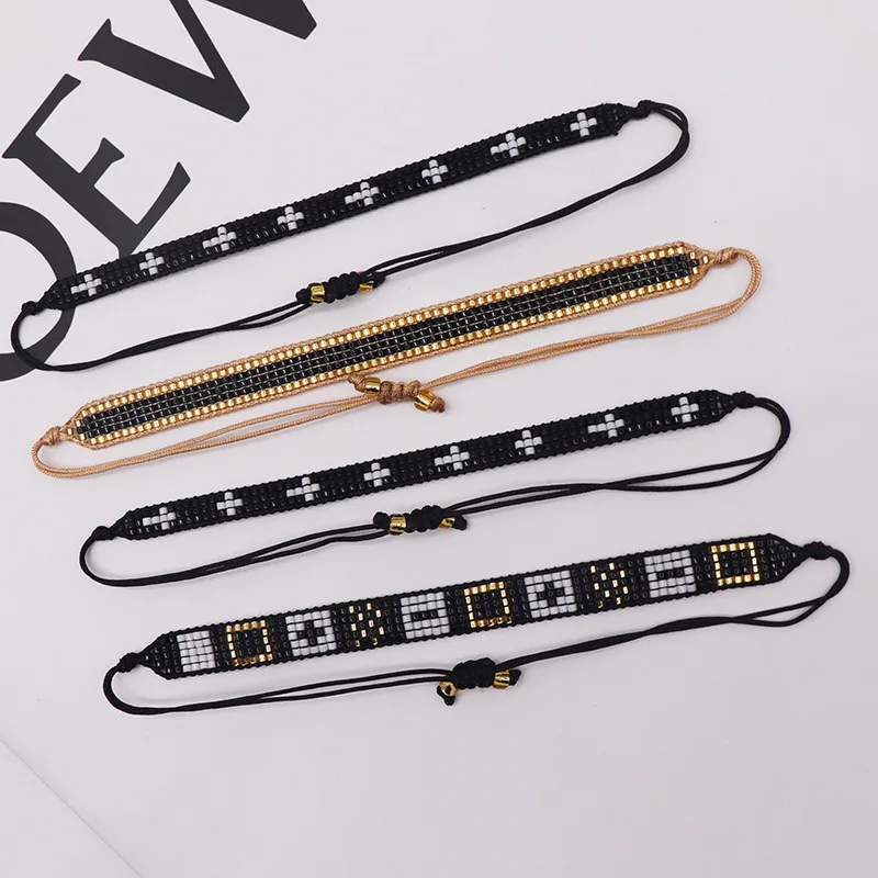 New gold and black simple geometric Miyuki bracelet European and American INS wind cross glass rice bead bracelet set