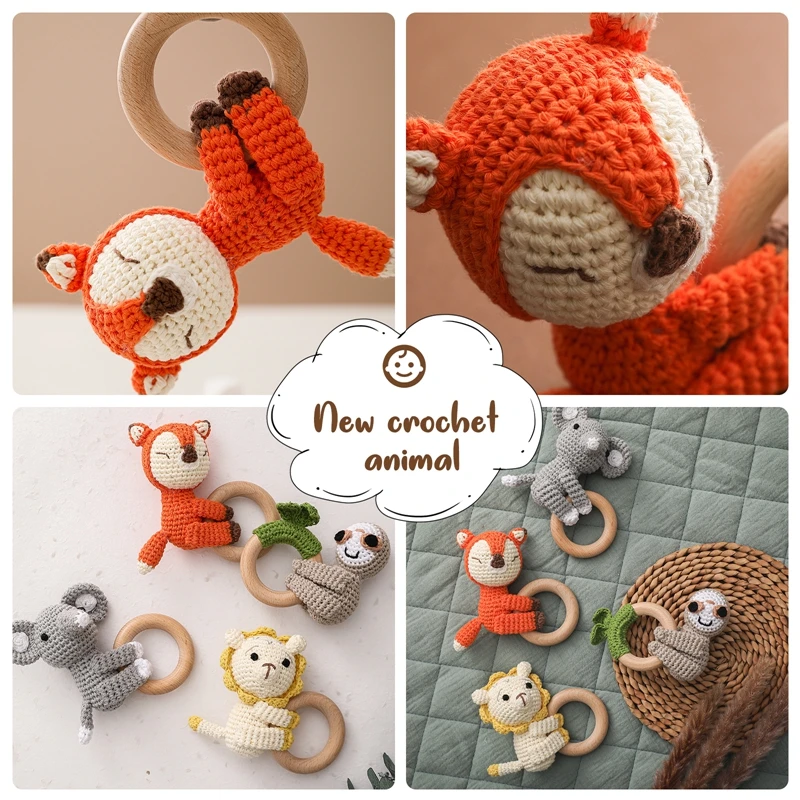 1Pc Wooden Baby Teether Crochet Beech Hoop Animal Rattle Toy BPA Free Ring Baby Mobile Gym Newborn Stroller Educational Toy Gift