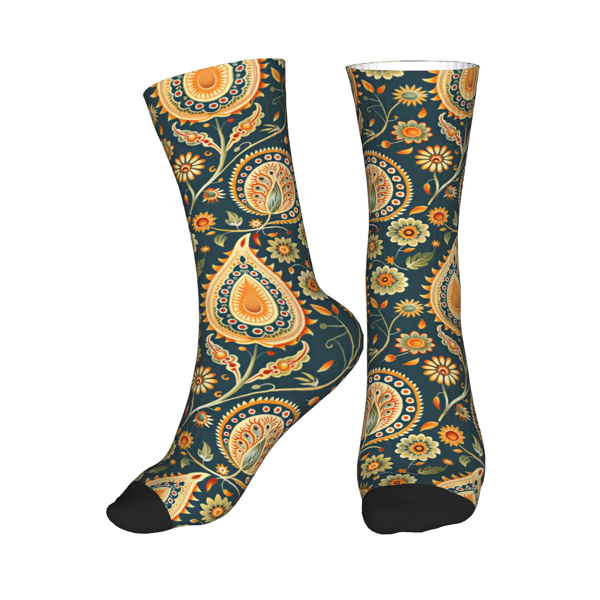 Calcetines con estampado de Paisley naranja y verde azulado para mujeres y hombres, calcetines elásticos para verano, otoño e invierno