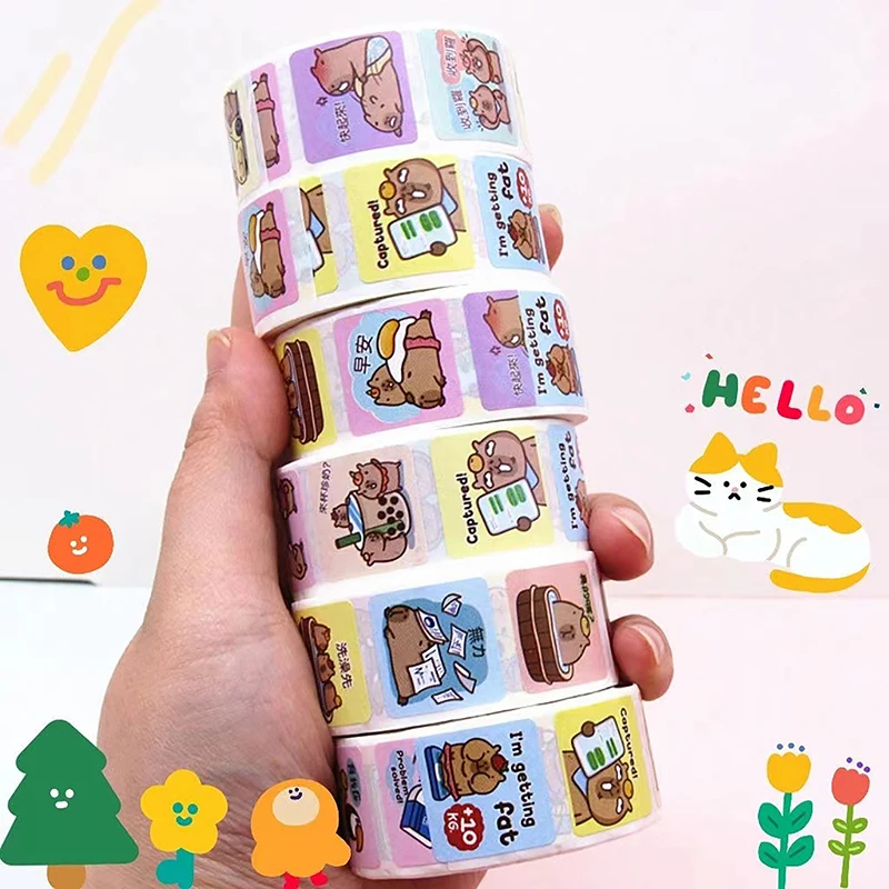 500pcs/Roll Cute Capybara Sticker Waterproof Graffiti Aesthetic Decorative Luggage Laptop Cup Phone Diary Book Kids Stickers Toy