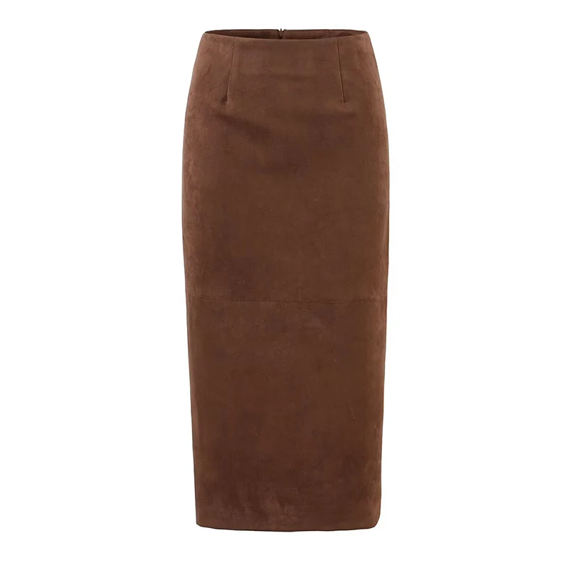 YENKYE Faux Suede Midi Skirt Women Vintage High Waist Sexy Hem Slit Pencil Skirts