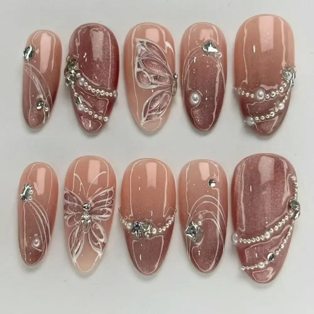 30 stks Lange Amandel Kunstnagels Franse Cat Eye Gradiënt Lijn Druk op Nagels Liefde Hart Cherry Fonkelende Parel Nep Nials DIY