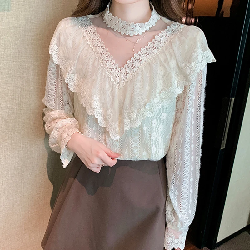 

2023 Ruffle Design Mesh Hollow Shirt Stand Collar Elegant Lace Blouse Women Ladies Casual Flower Long Sleeve Loose Tops 27888