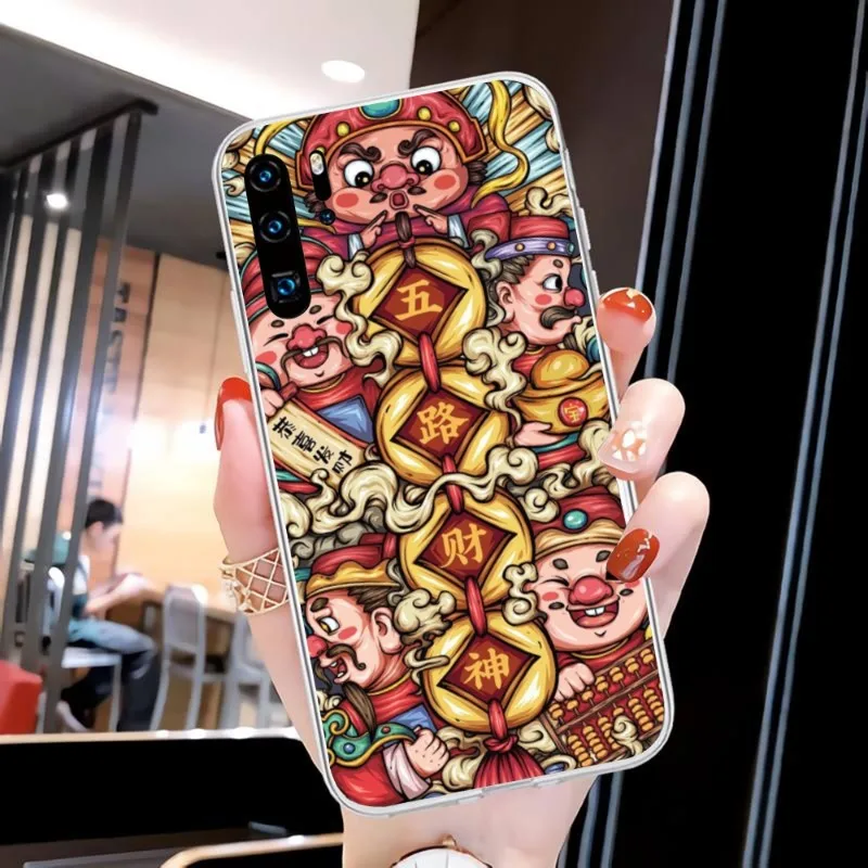 Chinese God of Wealth Cell Phone Case for Huawei P50 P40 P30 Pro Mate 40 30 Pro Nova 8 8i Y7P Honor Clear Phone Cover Funda