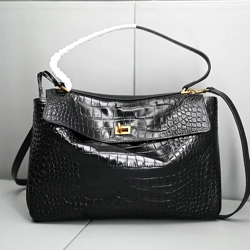 Genuine Leather Handbag 35cm with Crocodile Pattern Women\'s Bag with a Loose Feel High-End Feeling Lazy Crossbody Large