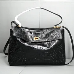 Genuine Leather Handbag 35cm  with Crocodile Pattern Women's Bag with a Loose Feel  High-End Feeling  Lazy Crossbody Large