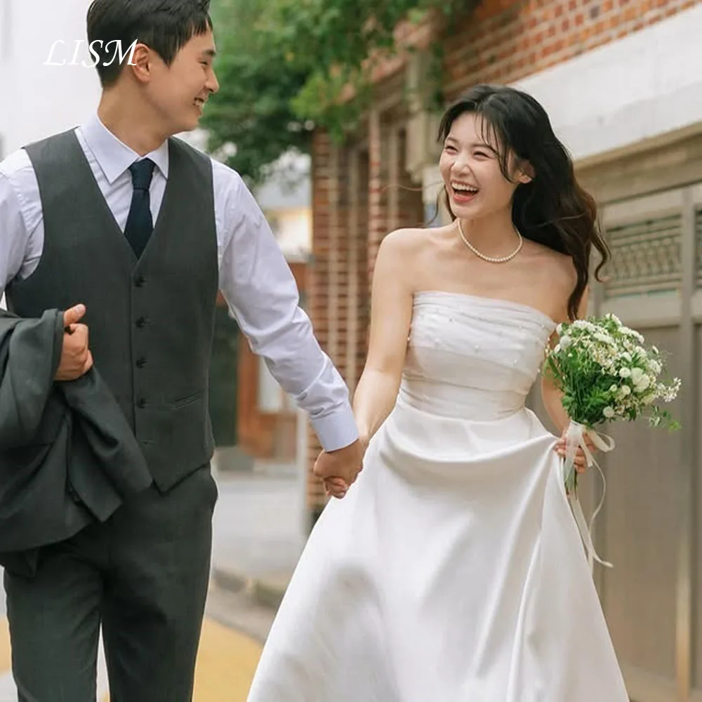 LISM Strapless A-Line Korea Wedding Dresses Simple Silk Satin Customized Elegant Long Bridal Gowns 웨딩드레스 Photo Shoot