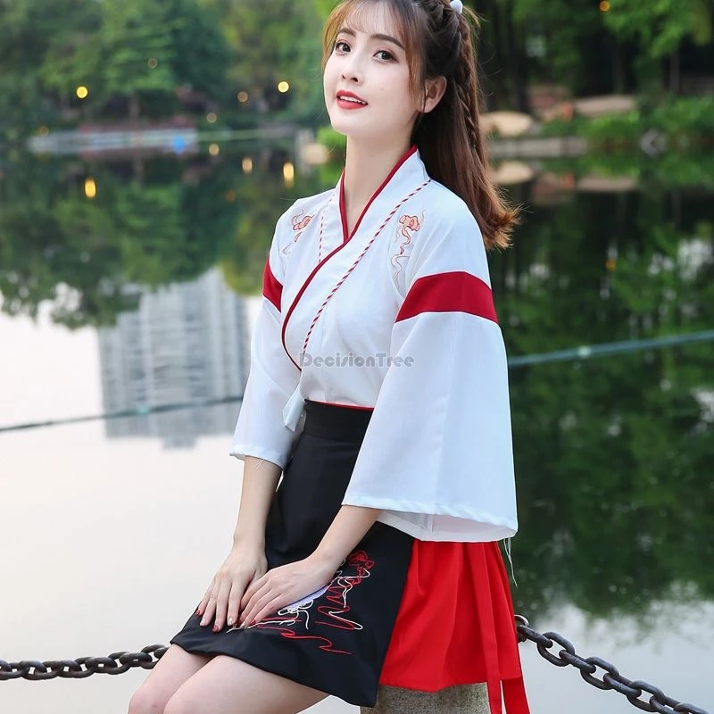 

2024 improved chinese style female ancient costume embroidery cross collar top short skirt two-piece women daily hanfu set w524