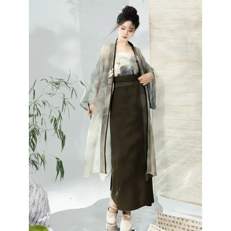 2024 Autumn Chinese Style Hanfu Dress Vest Women Song Dynasty Elegant Green Ink Printed Robe Suspender Skirt Hanfu 3 Piece Suit