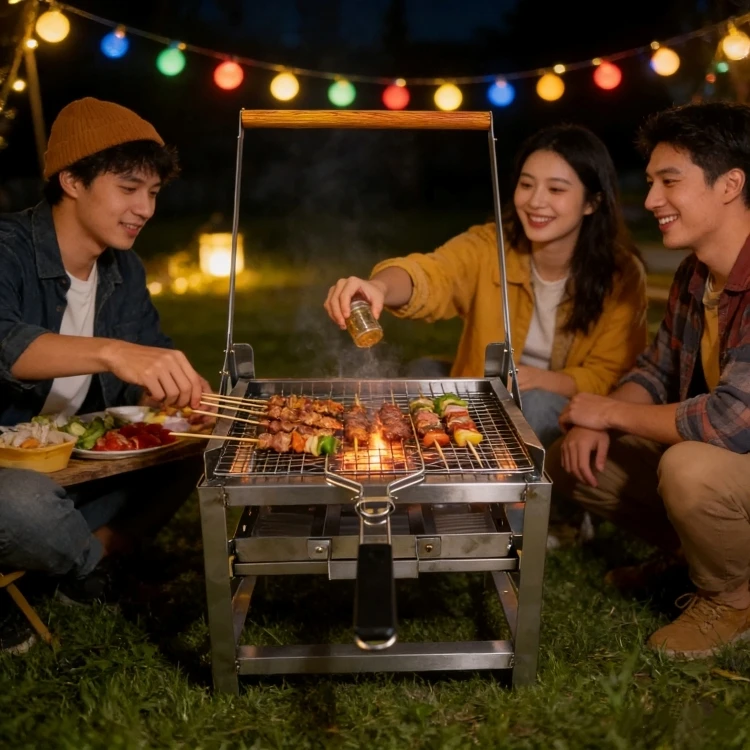 Stainless Steel Flip BBQ Grill Rotating Barbecue Grill Outdoor Charcoal Blaze Grill For Gatherings And Camping
