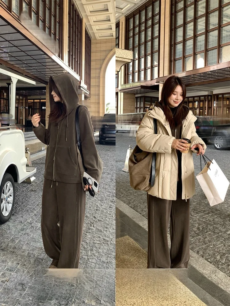 

Женский комплект больших размеров: утепленные прямые брюки и топ, теплый повседневный наряд для полных женщин, зимний модный ансамбль