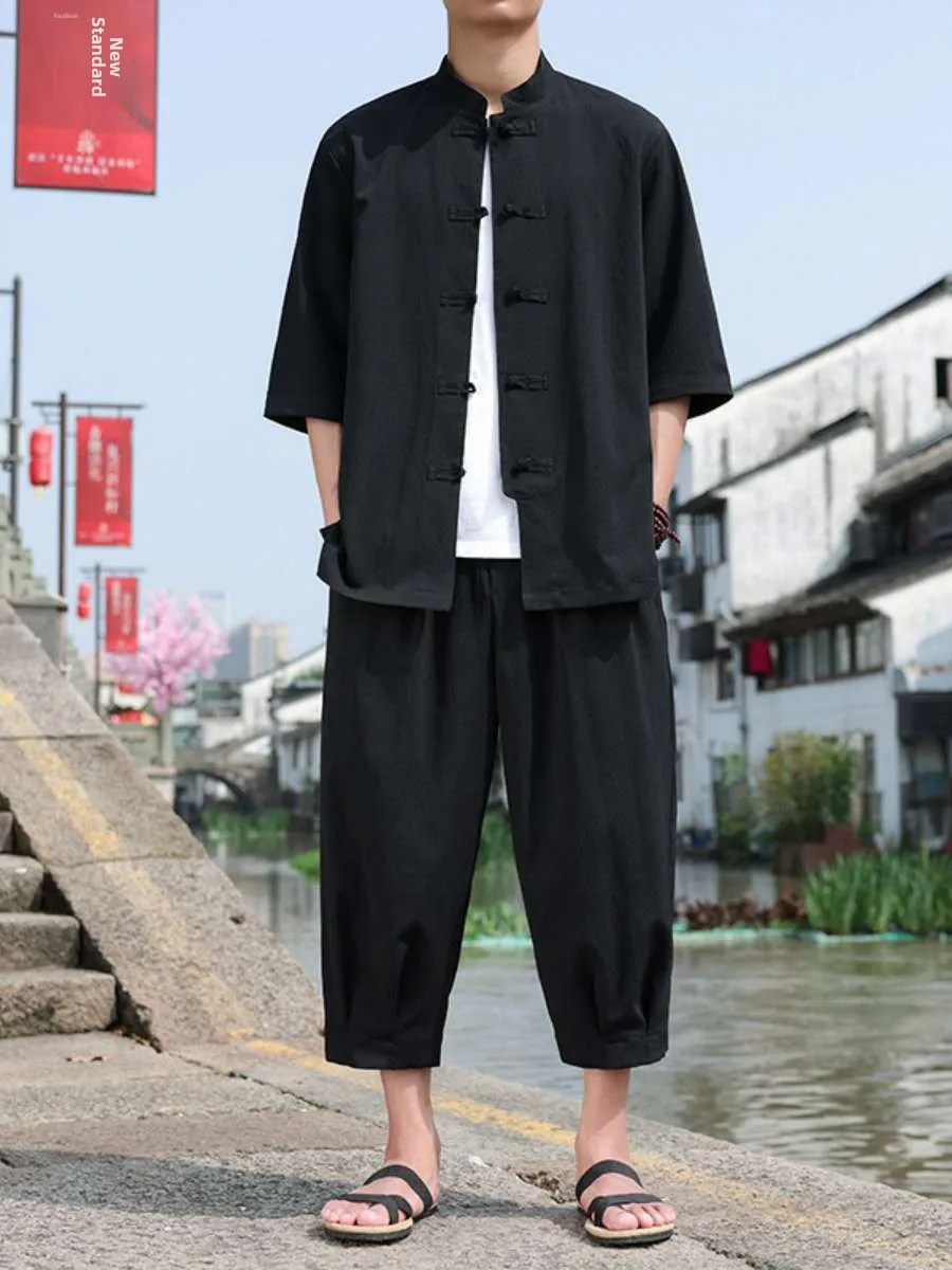 

Мужской повседневный однотонный модный комплект из натуральных и девяти предметов, летний длинный хлопковый комплект све, удобный модный ансамбль