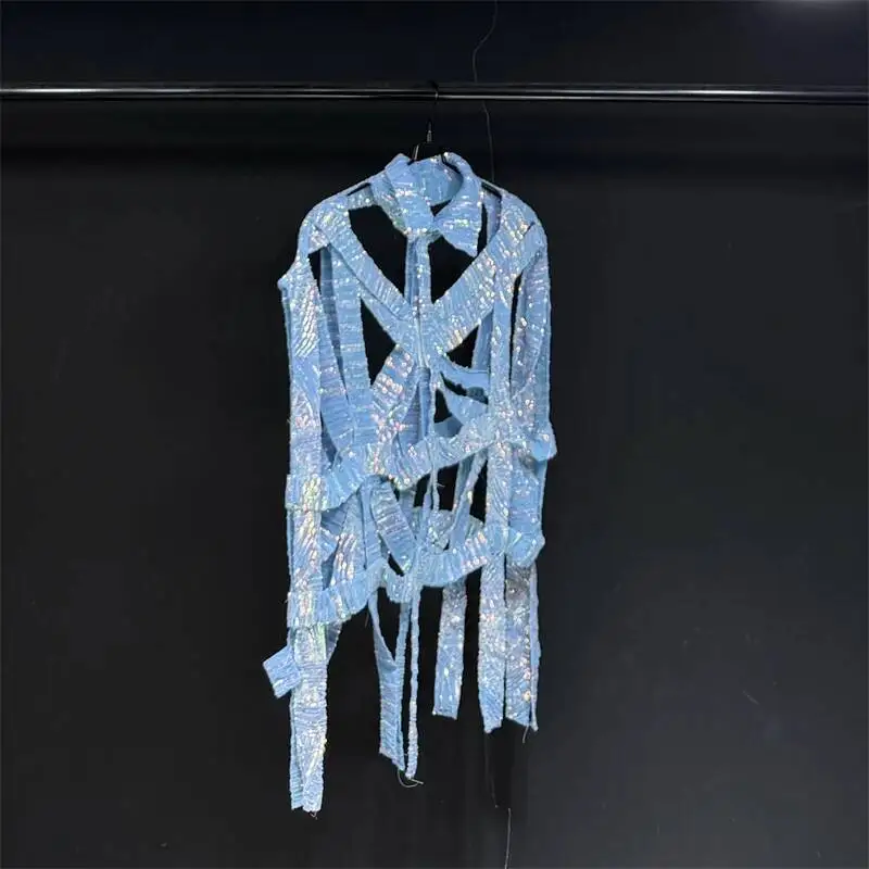 Iridescent Cutout Strap Men Sleeveless Vest Loose Casual Collared Waistcoat Hollow Out Fringed Layering Outer Tops XSD45