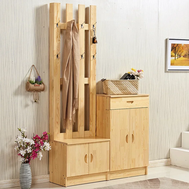 Solid Wood Hallway Shoes Cabinets Coat Rack Entrance Shoe Cabinets Large Multi Layer Storage Space Combination Shoe And Hat Rack