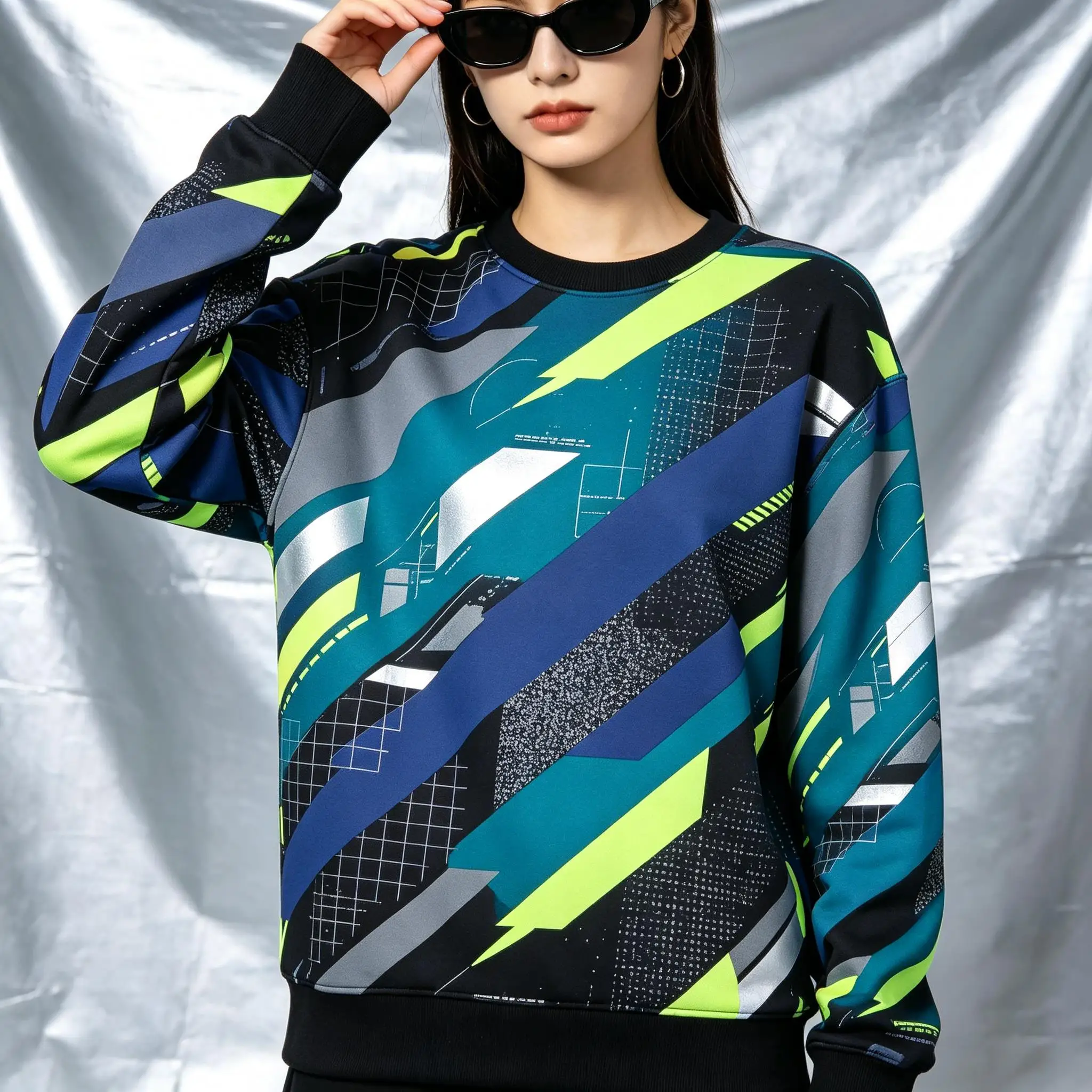 Women Crew Neck Fleece Sweatshirt Colorful Geometric Stripe Grid Abstract Print Long Sleeve Loose No Hood Warm Pullover