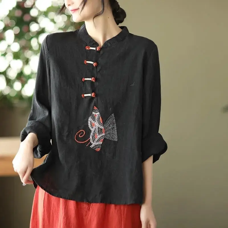 Spring New Cotton Hemp V-neck Long Sleeve Shirt 2023 Women Chinese Style Single Breasted Vintage Elegant Embroidered Pullovers