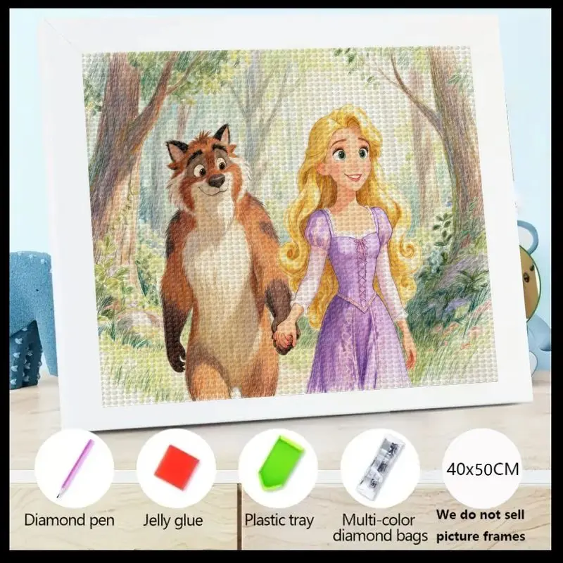 

5D DIY Full Drill Crystal Diamond Painting Kit, Cute Cartoon Princess & Fox Holding Hands in Enchanted Forest, Rhinestone Embroi