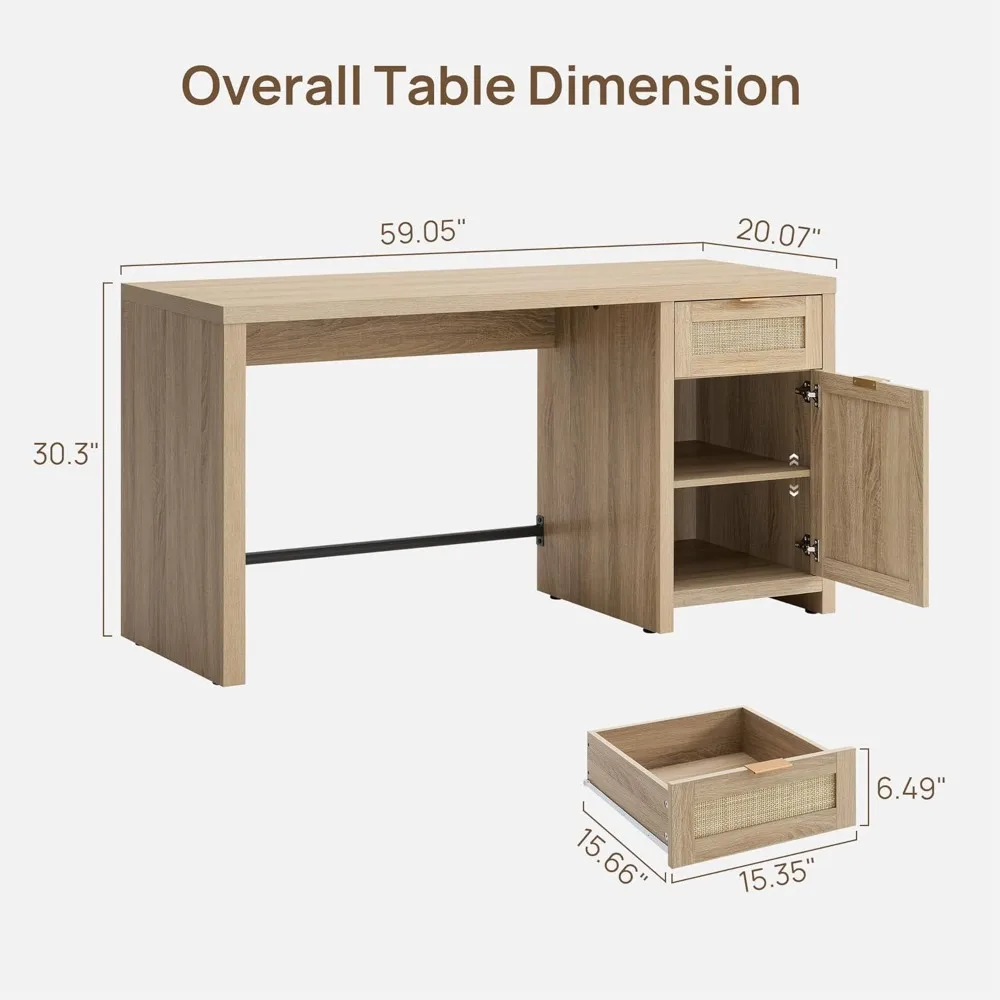 Rattan Home Office Desk with Drawer, 59" Farmhouse Boho Executive Desk with Storage Cabinet, Large Computer Writing, Customized