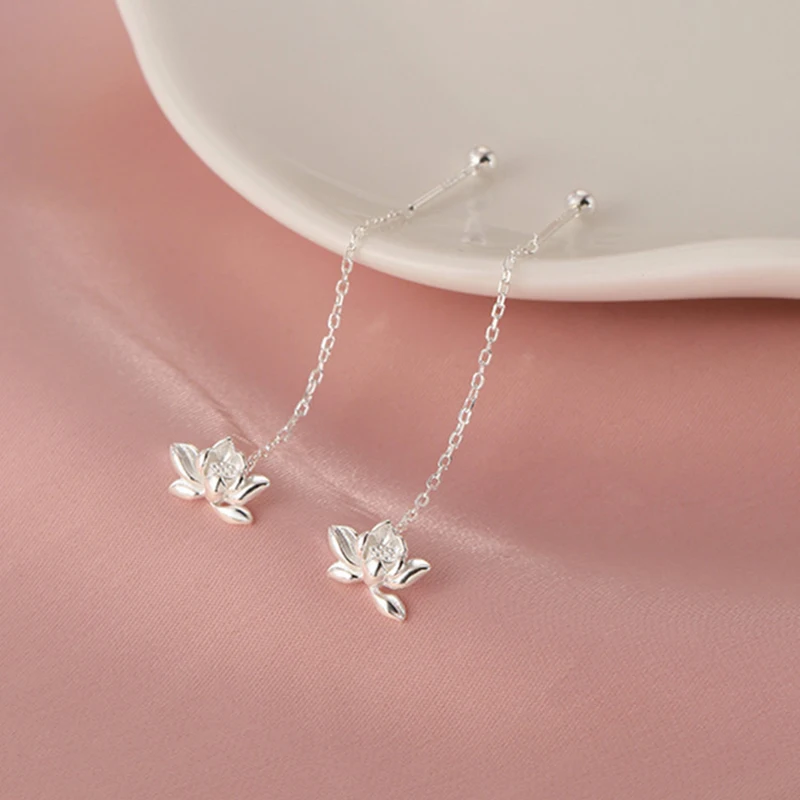 925 الفضة إبرة لوتس سلسلة شرابة النبات وأقراط للنساء الكلاسيكية حزب غرامة مجوهرات صغيرة المتخصصة الفاخرة اكسسوارات
