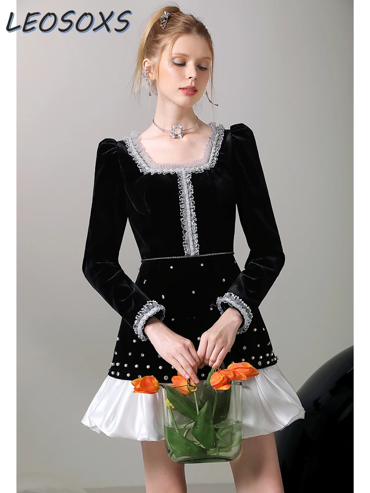 Elegant Lady of Note Contract Color Velvet Dress Women's 2024 Spring New Retro Young Temperament Rhinestone Black Dresses