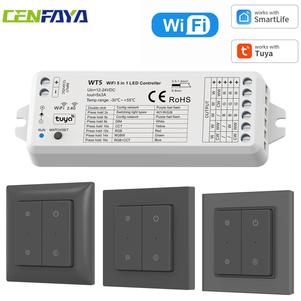

Комплект контроллера CENFAYA WiFi RF 5-в-1 для светодиодов (одноцветный, CCT, RGB, RGBW, RGBCCT) с диммером TUYA Smart, DC12-24V, 4-кнопочный панельный RF-пульт 86-го типа