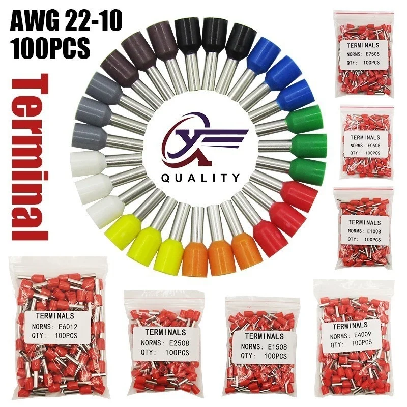 

100pcs/Pack Insulated Ferrules Terminal Block Cord End Wire Connector Electrical Crimp Terminator E6012 E4009 E1008 E1508 E2508