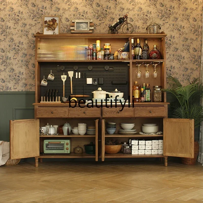 

yj7 American rural solid wood dining side cabinet, hole board integrated high cabinet, wall storage cabinet, multi-functional