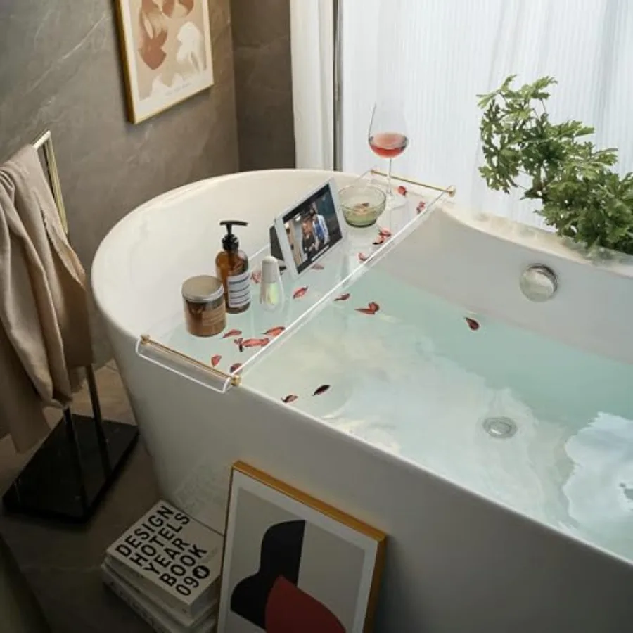 

Bathtub Tray Caddy Rack: Acrylic Tub Tray Shelf Rails to Hold Book Phone Candle Wine - Waterproof Bathtub Accessories, Luxury G