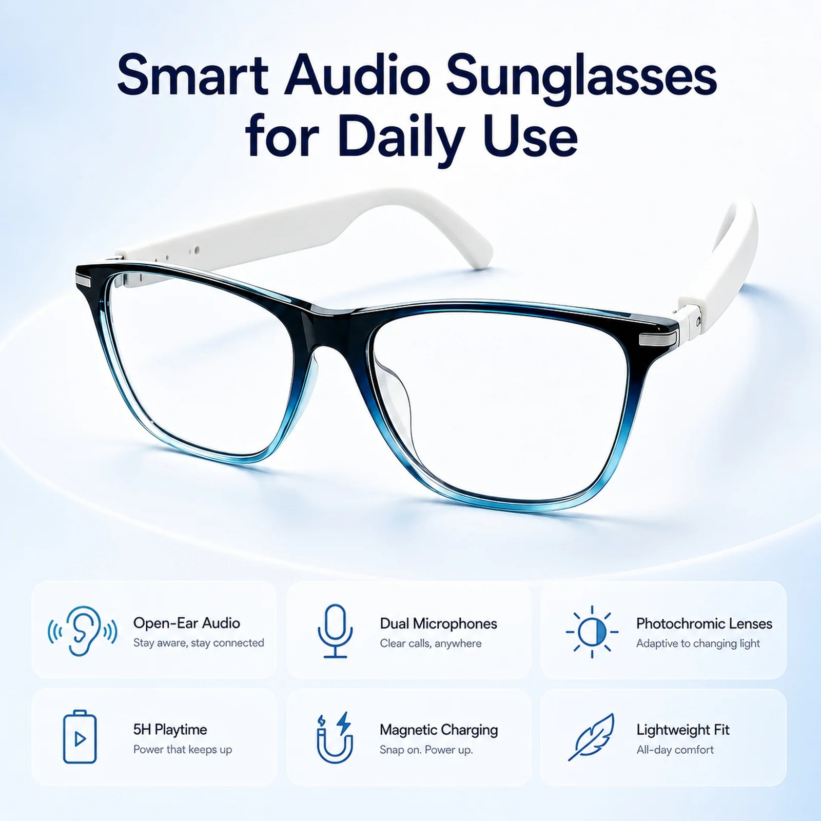Smart Bluetooth Sunglasses Upgraded Photochromic Lenses Hands Free Calls IPX4 Smartglasses Audio Glasses for Sports Outdoor