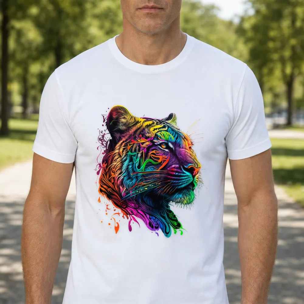 Graphic Tee Men Neon Tiger Head Wild Animal Art Short Sleeve Summer Festival Outfits Breathable Tops Funny