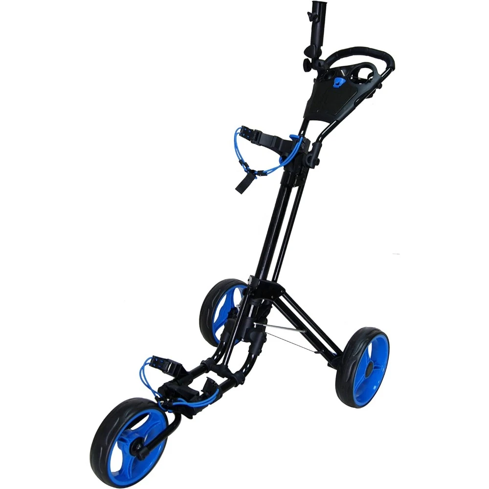 

3 Wheel Push Pull Golf CART - Foot Brake - ONE Second to Open & Close! Putter Cover Supplies Folding Trolley Sports