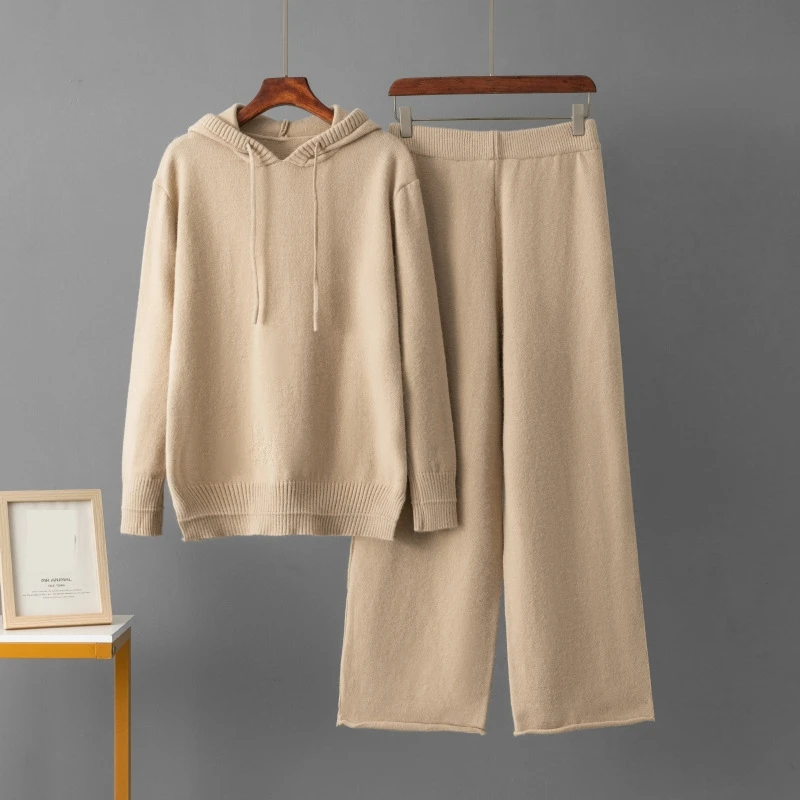 

Осенне-зимний женский повседневный вязаный комплект с капюшоном, длинные брюки, костюм из двух предметов с высокой талией, удобный наряд для отдыха