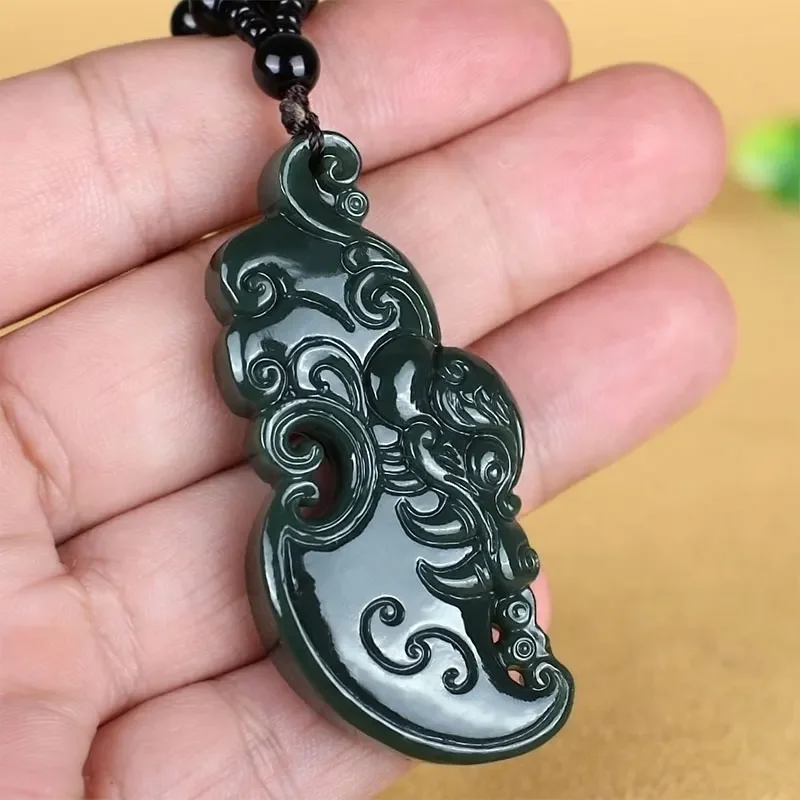 Natural black green jade pendant hollow handcarved dragon green necklace jadeite jade jewelry necklaces for women men