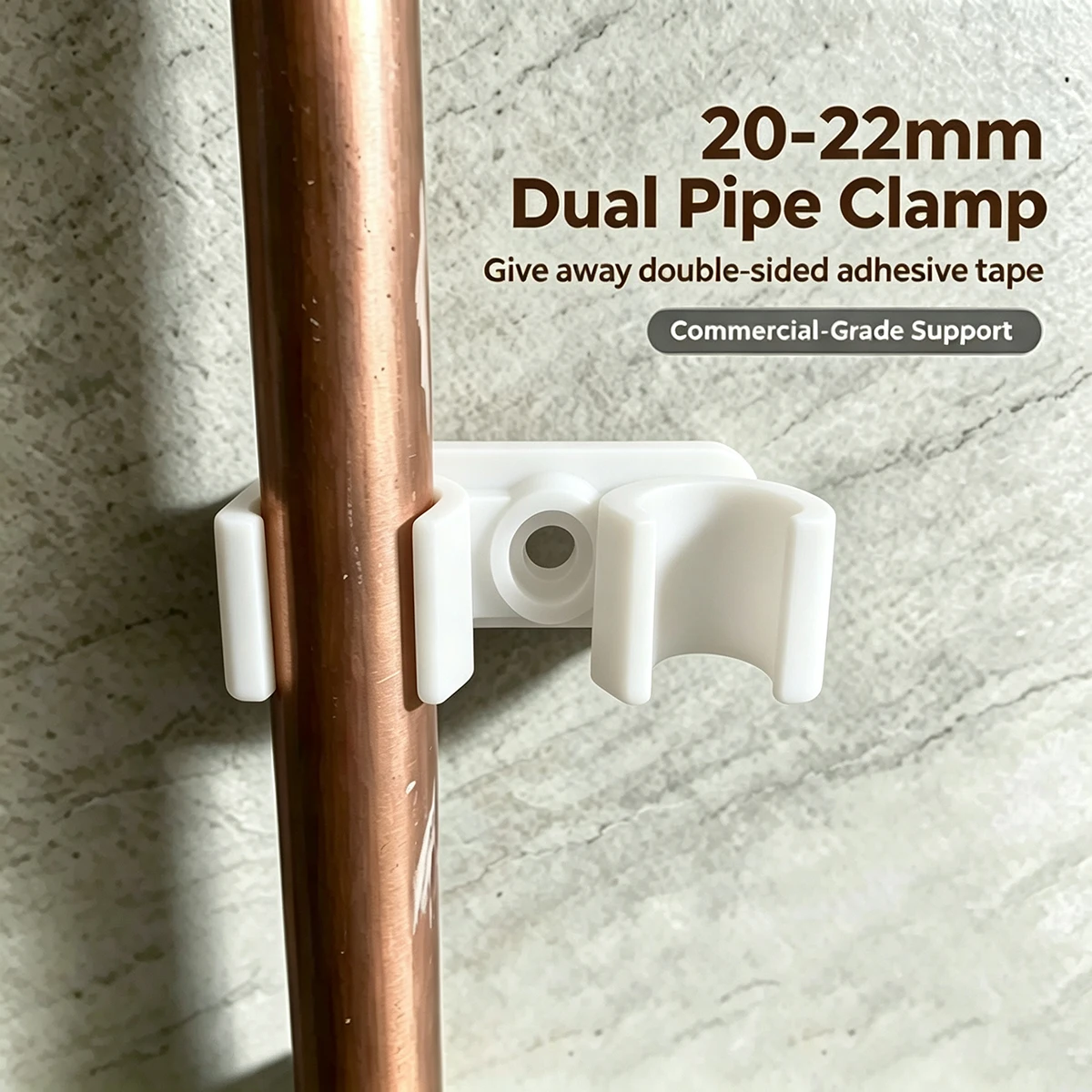20-22mm Dual Pipe Clamps with Double Slot Design to Hold Two Round Pipes Simultaneously, Self-Adhesive Wall Mount Without Drilling, No Damage to Tiles, Bathroom Shower Curtain Rod, Water Pipe Storage Support Clamp