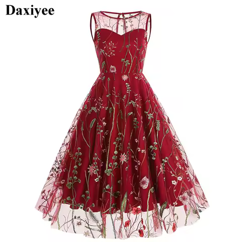 Floral Mesh Embroidered Evening Party Retro Dress Elegant Robe Women Vintage Midi Dresses Sleeveless Ladies Swing Dress Vestidos