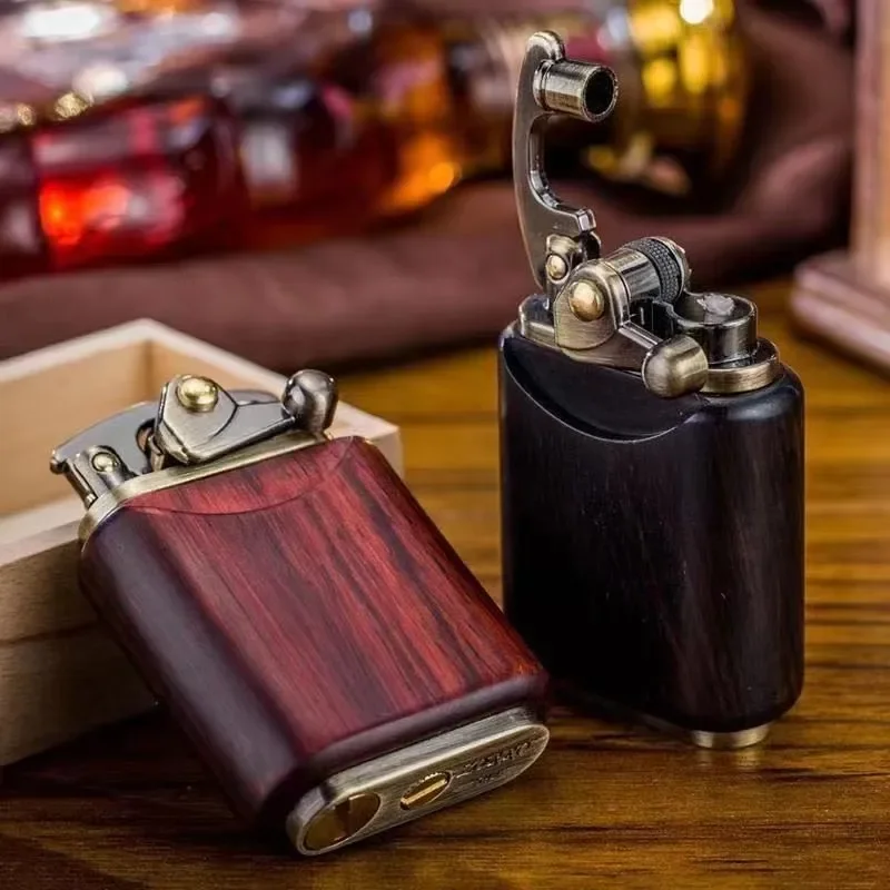 Rosewood Wooden Zorro Rocker Kerosene Lighter Retro Copper Old Nine Doors Creative Mahogany Cigarette Lighter Men\'s Gift