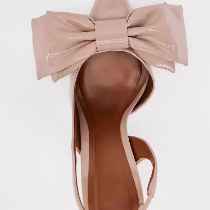 Sandalias de tacón con lazo grande para mujer, zapatos de tacón con tiras en la espalda, elegantes, metalizados, puntiagudos, color rosa, para fiesta