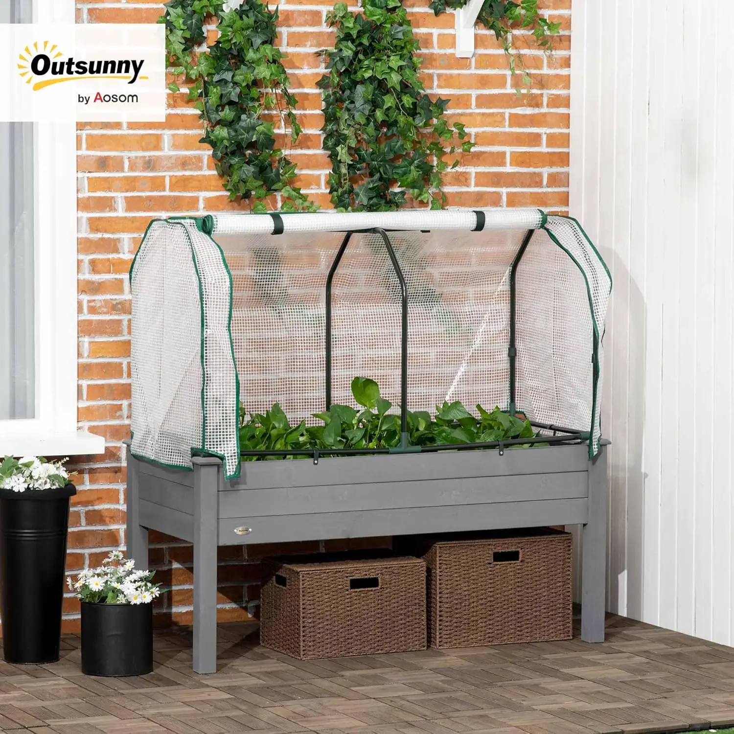 Raised Garden Bed with PE Greenhouse Cover Outdoor Elevated Wood Planter Box for Herbs and Vegetables, Use for Patio, Backyard, Balcony, 48 x 22 x 46 inch, Dark Gray