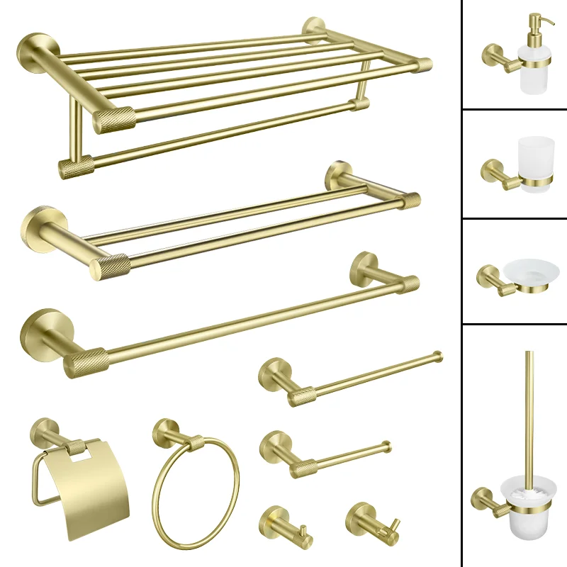 

Stainless steel Knurled Brushed Gold Bathroom Accessories Towel Bar Bath Robe Hook Shelf for Towels Paper Tissue Hardware Set